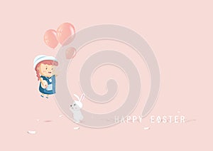 Happy Easter, adorable girl and bunny with balloons floating on sky, cartoon characters party celebration confetti on the floor,