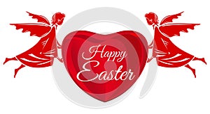 Happy Easter. Angels, big red heart with greeting inscription. Easter greeting card