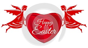 Happy Easter. Angels, big red heart with greeting inscription. Easter greeting card photo