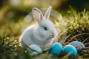 Happy easter aqua Eggs Paint Basket. White laughing Bunny Sky blue. Turquoise Gleam background wallpaper