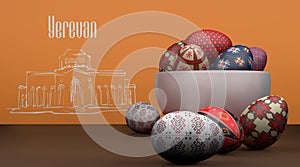 Happy Easter Armenia. Easter banner with Armenian Ornament nationalistic symbols. 3D work and 3D image photo