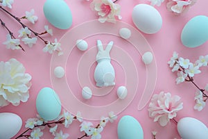 Happy easter Arrangement Eggs Eggstravagant Delights Basket. White stamp Bunny Rose Lilac. Easter Sunday background wallpaper
