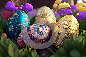 Happy Easter. Art colorful easter eggs decorated on green grass