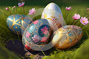 Happy Easter. Art colorful easter eggs decorated on green grass