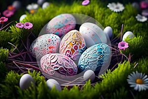 Happy Easter. Art colorful easter eggs decorated on green grass