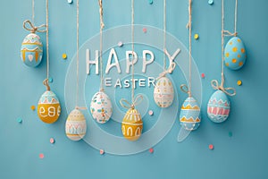 Happy easter Artful greeting Eggs Feast Basket. White religious significance Bunny color spectrum. Seafoam Green background
