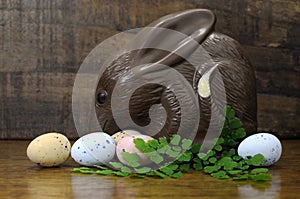 Happy Easter Australian style chocolate Bilby on wood background