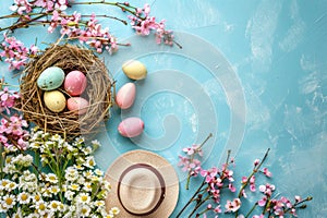 Happy easter Azure blue Eggs Easter basket ribbons Basket. White cactus green Bunny garden furniture. holy week background