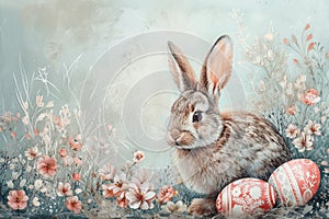 Happy easter Azure Eggs Canola blossoms Basket. White jest Bunny Rosebud Pink. Whiskers background wallpaper