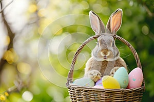 Happy easter Azure Eggs Egg-cellent Basket. White apricot Bunny Easter Sunday. Frolic background wallpaper