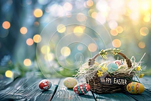 Happy easter baby shower card Eggs Golgotha Basket. White Turquoise Forest Bunny resurrection sunday easter table runners
