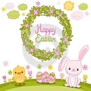 Happy Easter background with cartoon cute bunny