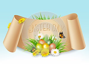 Happy Easter background. Colorful eggs on green grass and flowers.