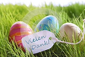 Happy Easter Background With Colorful Eggs And Label With German Text Vilene Dank photo
