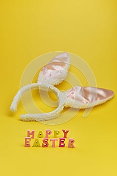 Happy Easter background, creative greetings. Lettering from wooden letters