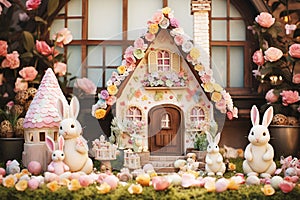 Happy Easter background with decorated house and figurines of bunny and blossoming flowers , Greeting card