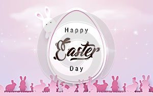 Happy Easter background. Easter egg with rabbits in pink tone color