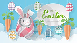 Happy Easter background with eggs, carrot, dan bunny. Paper Art.