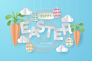 Happy Easter background with eggs, carrot, dan bunny. Paper Art.