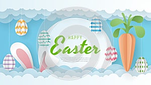 Happy Easter background with eggs, carrot, dan bunny. Paper Art.