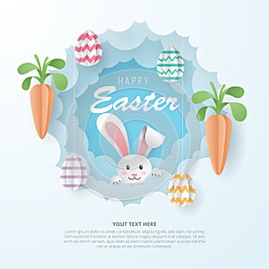 Happy Easter background with eggs, carrot, dan bunny. Paper Art.