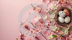 Happy Easter background with eggs in nest, spring flowers and copy space