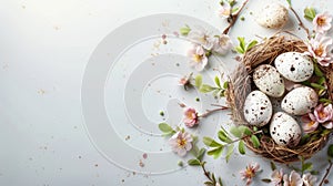 Happy Easter background with eggs in nest, spring flowers and copy space