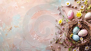 Happy Easter background with eggs in nest, spring flowers and copy space