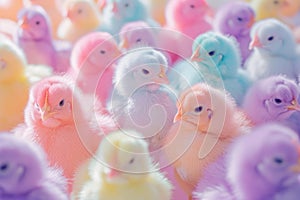 Happy Easter background. Large group of newly hatched colored chicks on a chicken farm