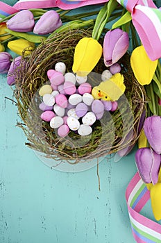 Happy Easter background with painted Easter eggs in birds nest