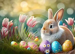 Happy Easter background. Rabbit, bunny, colorful Easter eggs, pink tulip flowers