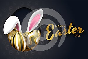 Happy Easter background with realistic golden eggs and rabbit ears