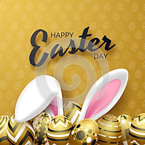 Happy Easter background with realistic golden eggs and rabbit ears.