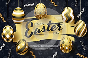 Happy Easter background with realistic golden eggs and ribbon.