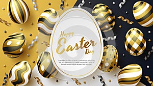 Happy Easter background with realistic golden eggs, ribbon and egg shape.