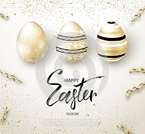 Happy Easter background with realistic golden shine decorated eggs and serpentine. Design layout for invitation