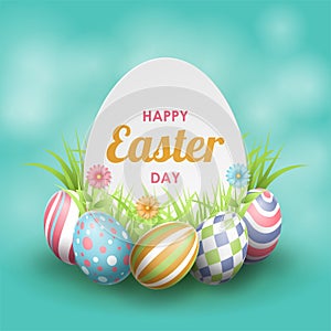 Happy Easter background with realistic painted eggs, grass, flowers and egg shape.
