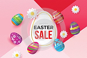 Happy Easter background template with beautiful flower and eggs. Happy Easter sale banner lettering with Colorful Eggs.
