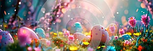 Happy Easter background with a whimsical Easter egg hunt, showcasing children searching for hidden eggs in a lively and