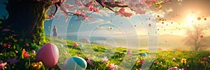 Happy Easter background with a whimsical Easter egg hunt, showcasing children searching for hidden eggs in a lively and