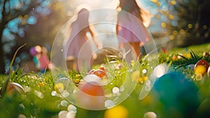 Happy Easter background with a whimsical Easter egg hunt, showcasing children searching for hidden eggs in a lively and