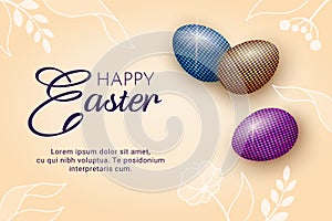 Happy easter banner. 3d realistic Easter eggs on floral background. Holiday seasonal religious symbol decorated in realism style.