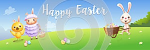 Happy Easter banner - bunny chicken and lamb hunting eggs - spring landscape background vector illustration