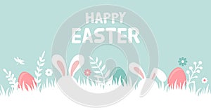 Happy Easter banner with bunny, flowers and eggs. Egg hunt poster. Spring background in modern style