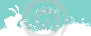 Happy Easter banner with bunny, flowers and eggs. Egg hunt poster. Spring background, vector illustration