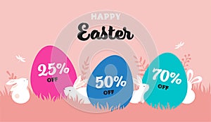 Happy Easter banner with bunny, flowers and eggs. Egg hunt poster. Spring background, vector illustration