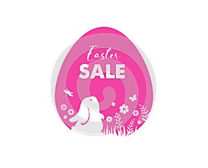 Happy Easter banner with bunny, flowers and eggs. Egg hunt poster. Spring background, vector illustration