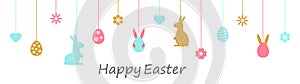 Happy Easter banner with color hanging baubles. Holiday background with bunny, eggs, flowers, hearts icons. Spring