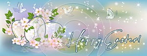 Happy Easter banner. Crystal Easter eggs with springs flowers