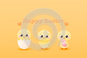 Happy easter banner with cute animal characters - chiks in shell and holding gaint painted egg, childish greeting card